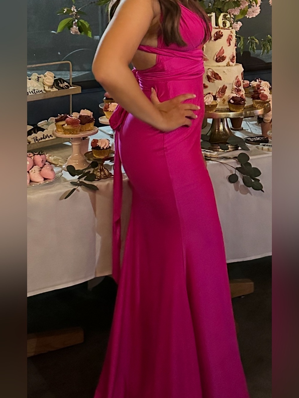 Elegant Fuchsia Satin Prom Gown with Wrap-Back Detail
